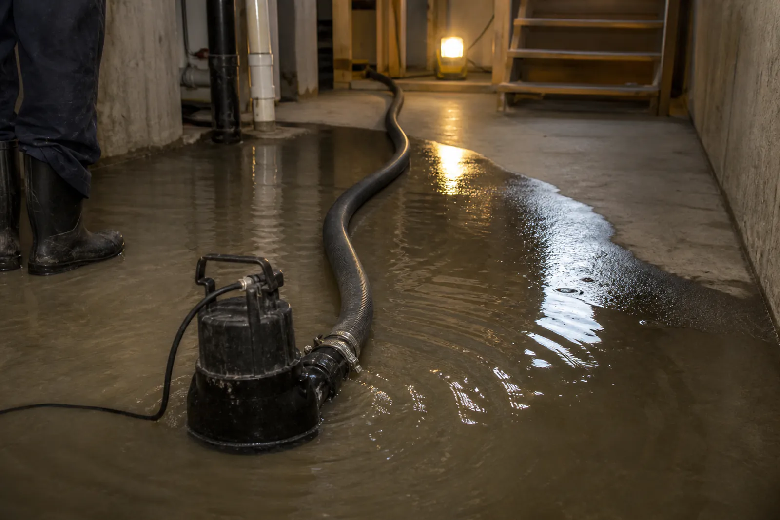 A submersible pump and hose clearing standing water from a flooded basement floor