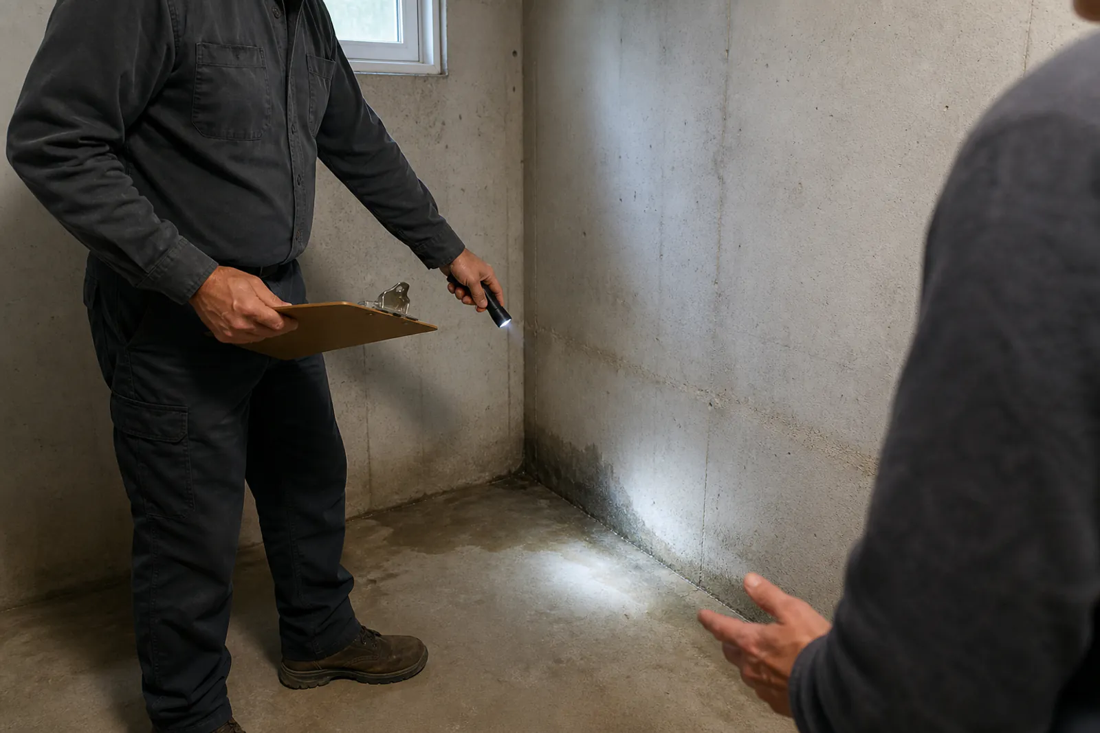 An inspector with a clipboard and flashlight showing a homeowner a damp stain along the base of a basement wall